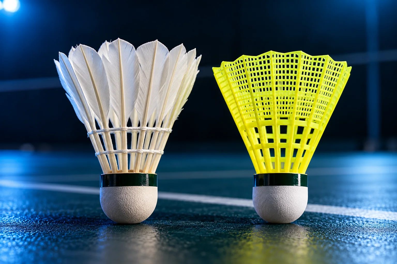 Feather vs synthetic shuttlecock side-by-side comparison
