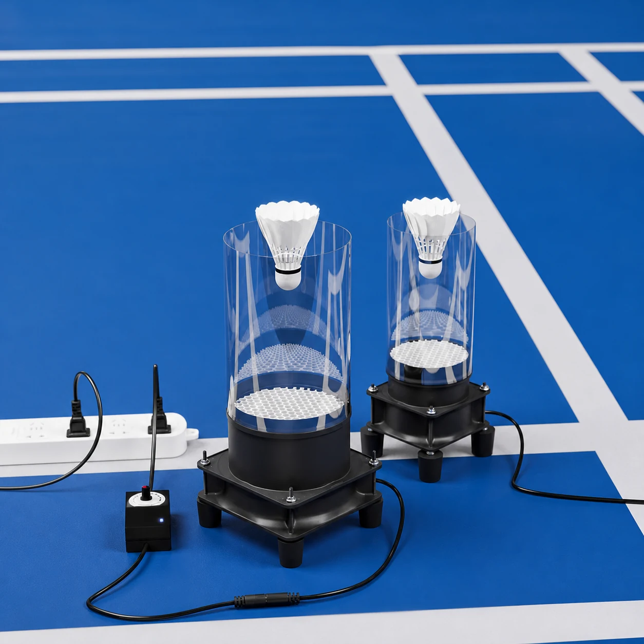 Two shuttlecock speed-testing machines arranged on a blue badminton court